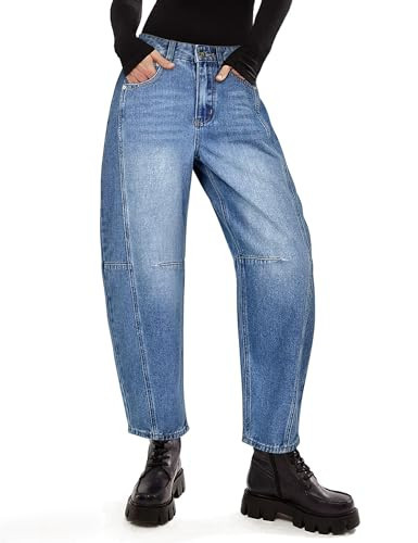 POTILI Women's Barrel Boyfriend Baggy Leopard Print Jeans Mid Rise Cropped Wide Leg Y2K Horseshoe Jeans for Women Trendy | Amazon (US)