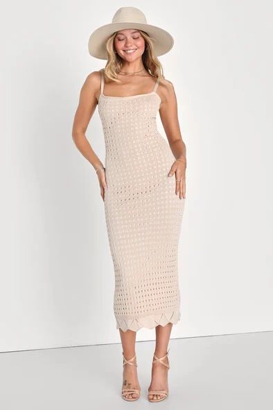 Ventura Vision Beige Crochet Lace-Up Midi Dress | Lulus