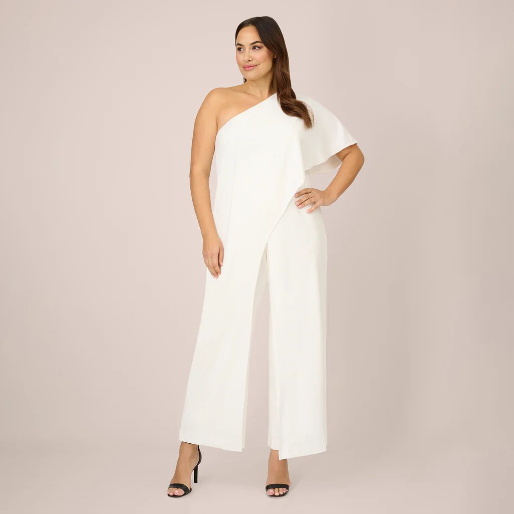 Plus Size Flutter One Shoulder Jumpsuit In Ivory | Adrianna Papell