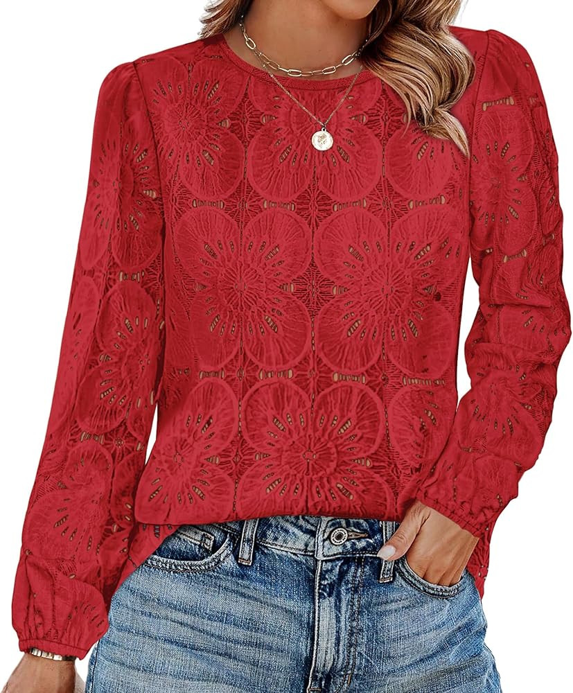 OFEEFAN Blouses for Women Dressy Casual Fall Fashion Long Sleeve Shirts Flower Lace Tops Trendy S... | Amazon (US)