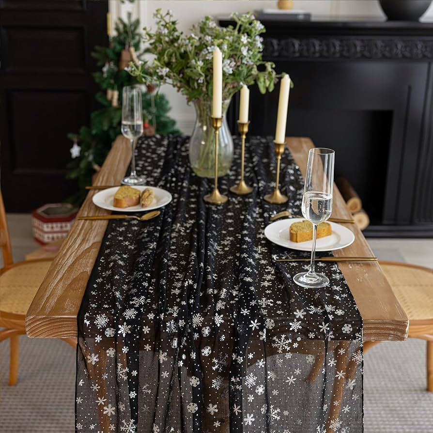 Silvery Snowflake Metallic Print Tulle Christmas Table Runner, Seasonal Winter Kitchen Dining Tab... | Amazon (US)