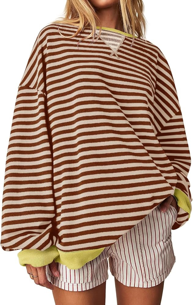Fisoew Womens Striped Oversized Sweatshirt Color Block Crew Neck Long Sleeve Shirt Casual Loose P... | Amazon (US)