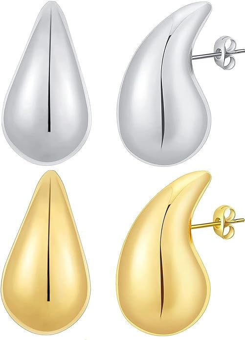 POVIK 2 Pair Teardrop Earrings Dupes for Women Gold/Silver Chunky Hoop Earring Dangle Water Drop ... | Amazon (US)