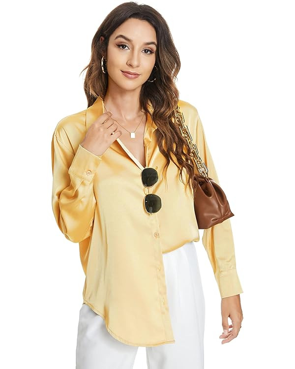 Atnlewhi Womens Long Sleeve Button Down Satin Silk Shirts Casual Business Office Work Blouses Top... | Amazon (US)
