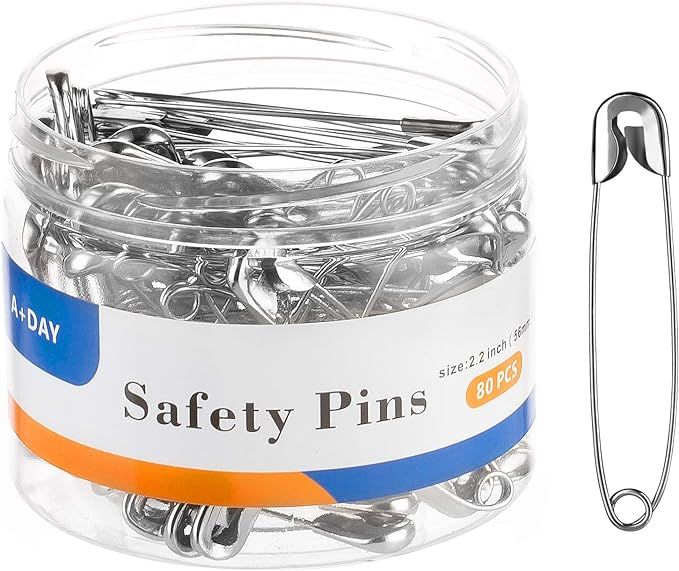 A+DAY Large Safety Pins 2.2 Inch (56mm), Size 4, 80-Count, Nickel Finish | Amazon (US)