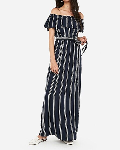 striped tie front off the shoulder maxi dress | Express