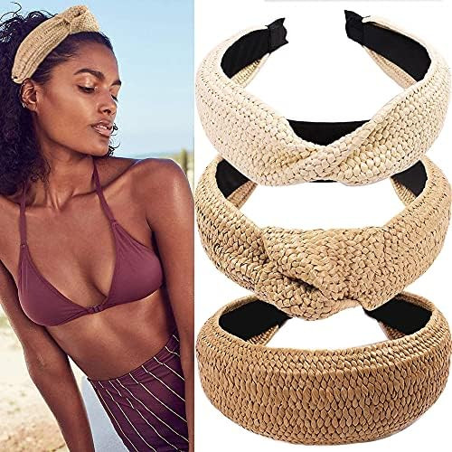 Amazon.com : 3 Pieces Straw Headband Lafite Knotted Headbands Boho Wide Headbands Fashion Knot Ha... | Amazon (US)