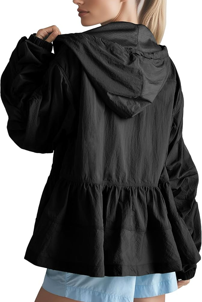 Womens Hooded Babydoll Jacket Lightweight Oversized Windbreaker Coat Casual Drawstring Hoodie | Amazon (US)