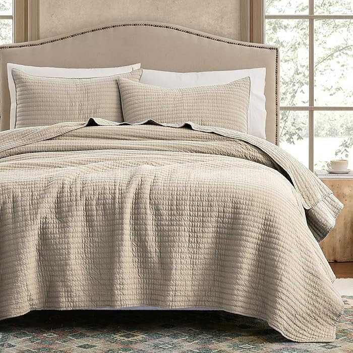 WDCOZY 100% Cotton King Size Quilt Set - Beige Neutral Striped Pick Stitch Soft Lightweight Bedsp... | Amazon (US)
