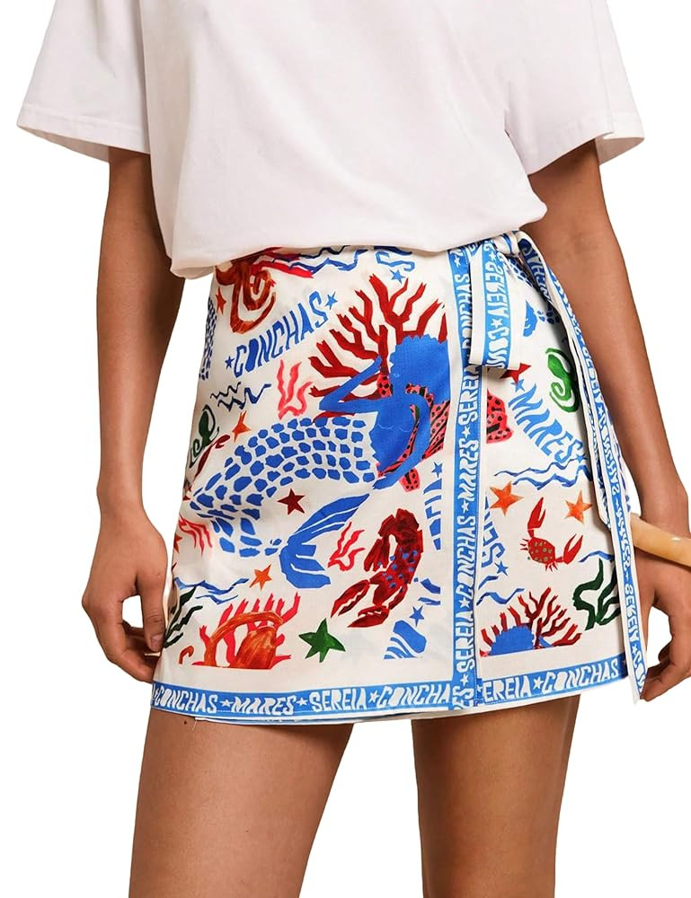 Women’s Summer Boho Skirts Floral Print Tie Knot Wrap Mini Skirts Cute Tropical Ocean Graphic S... | Amazon (US)