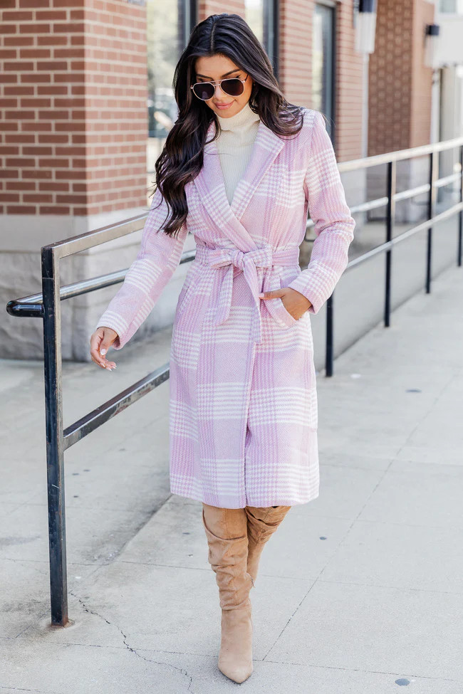 Maybe One Day Soon Pink Belted Plaid Coat | Pink Lily