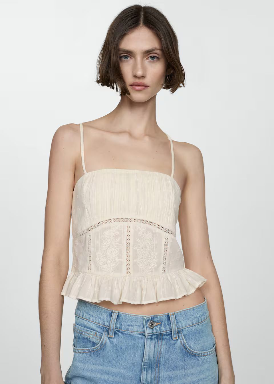 Ruffled top with embroidered details -  Women | Mango USA | MANGO (US)