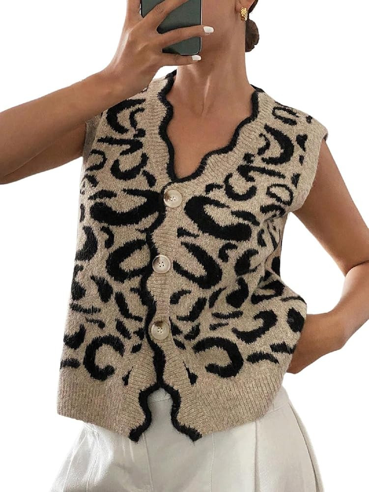 WDIRARA Women's Leopard Print Button Down Sweater Vest V Neck Sleeveless Cardigan Scallop Trim Kn... | Amazon (US)
