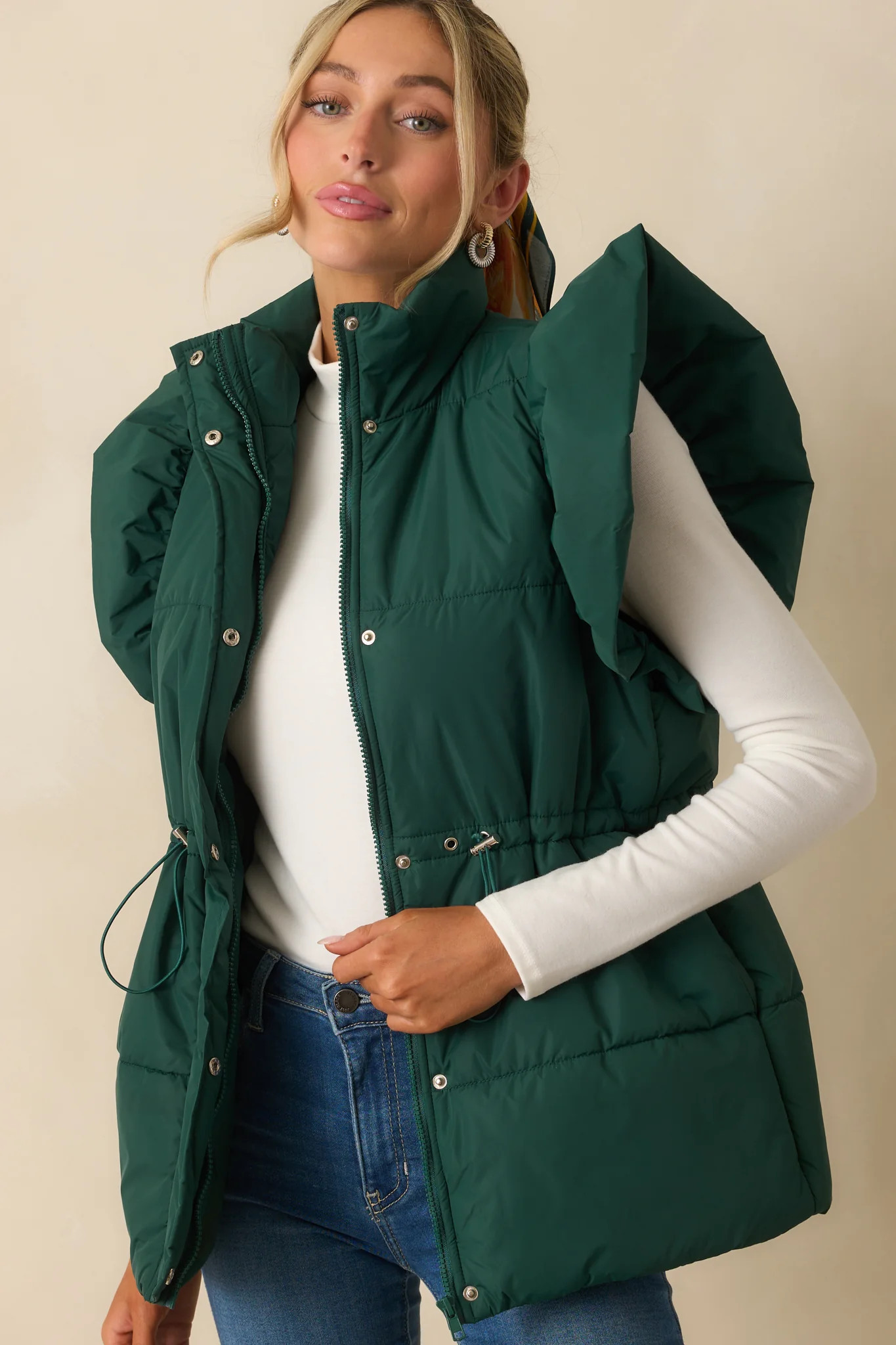 Cherry On Top Forest Green Flutter Sleeve Puffer Vest | Red Dress