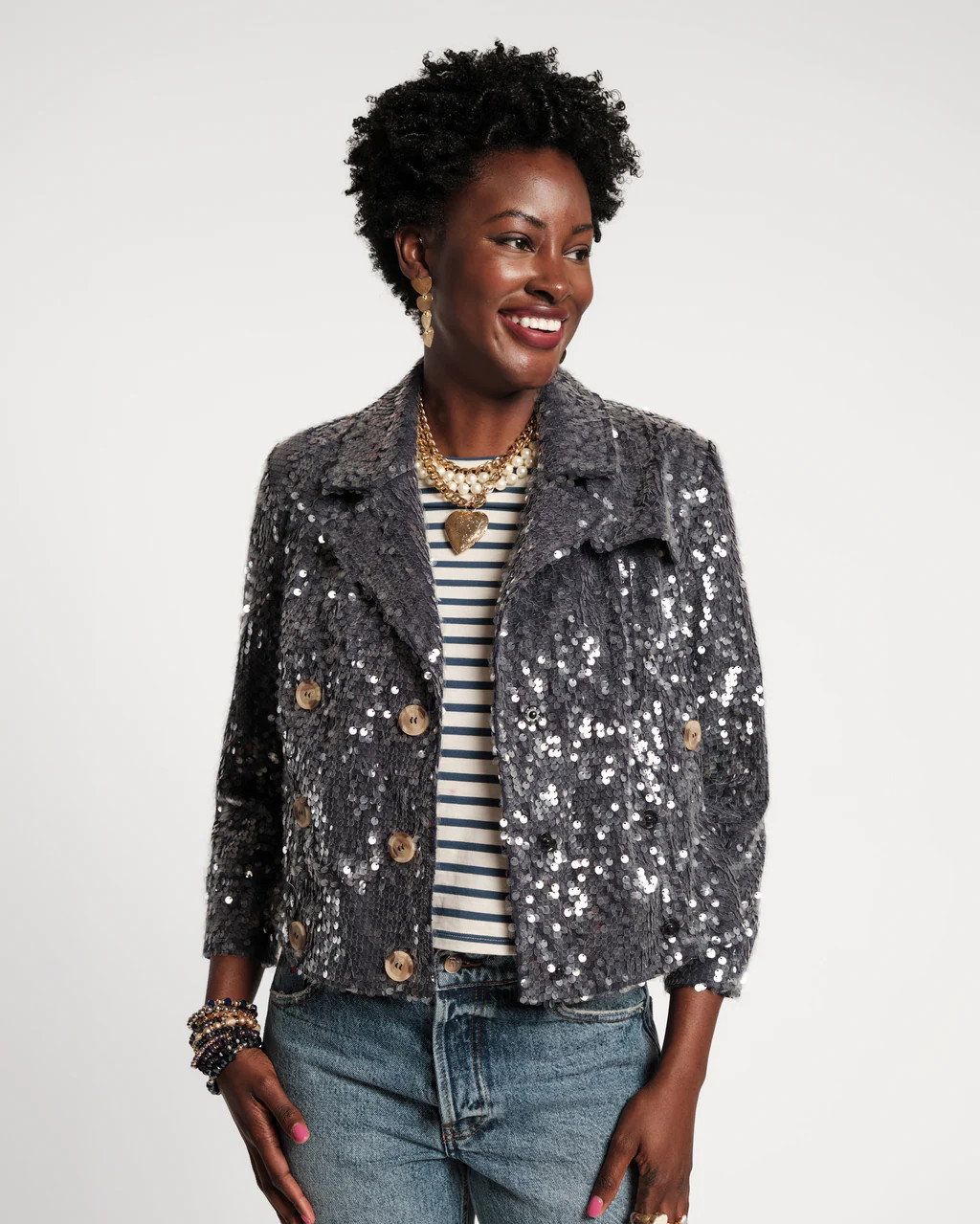 Sequin Moto Jacket - Navy | Frances Valentine