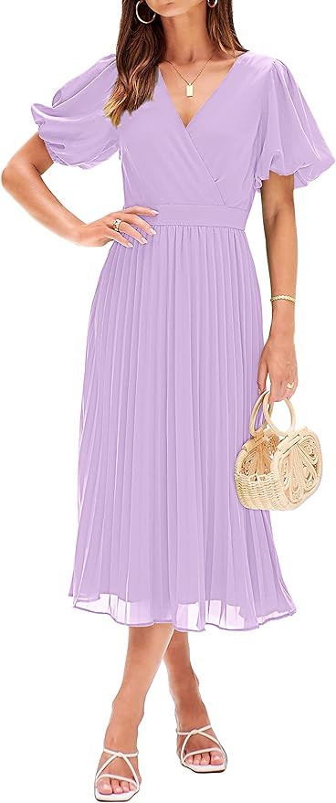 MEROKEETY Womens 2023 Summer Puff Sleeve Wrap V Neck Pleated Flowy Midi Dress for Wedding Guest | Amazon (US)