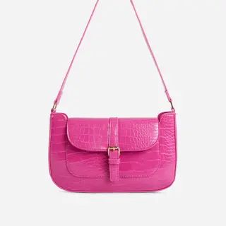 Jade Buckle Detail Shoulder Bag In Pink Croc Print Faux Leather | Ego Shoes (UK)