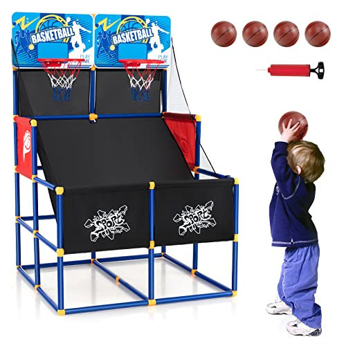 GYMAX Basketball Arcade Game Indoor, Double Shot Basketball Hoop Indoor with 4 Balls & Hand Pump, Mini Basketball Hoop for Kids Toddlers, Basketball Game Toys for Girls Boys | Amazon (US)