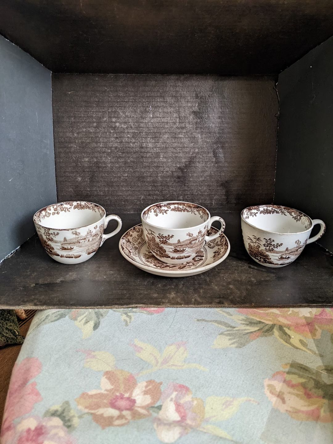 4 Pcs. Victorian Brown Transferware Willow. Three 2-1/2 Cups, and One 5-3/4 Saucer. No Damage, bu... | Etsy (US)