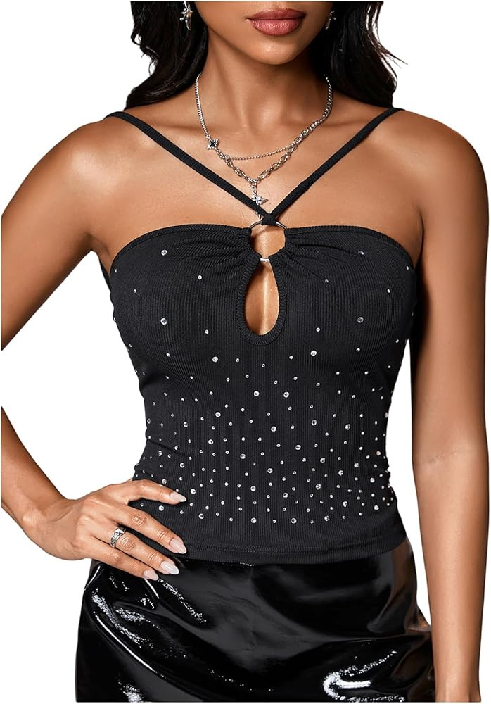 SHENHE Women's Y2K Leopard Print Halter Top Vintage Sparkly Sequin Open Back Cut Out Sexy Club Ra... | Amazon (US)