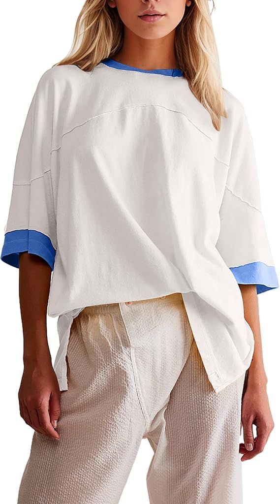 Color Block Oversized Cotton T Shirt for Women Girls Casual Crew Neck Short Sleeve Tee Shirts Sum... | Amazon (US)