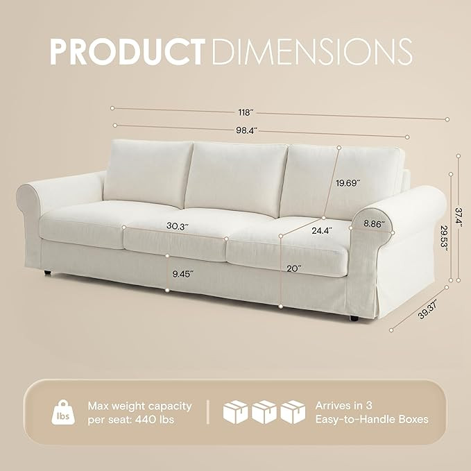 118" Oversized 3 Seater Cloud Couch,Farmhouse Comfy Slipcoverd Sofa with Rolled Arms,Washable Cou... | Amazon (US)