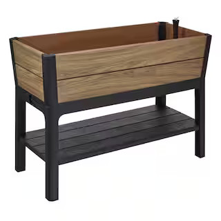 Vigoro Oak Vinyl Resin Garden Bed Planter with Storage Shelf (44 in. L x 18 in. W x 31 in. H) 260... | The Home Depot