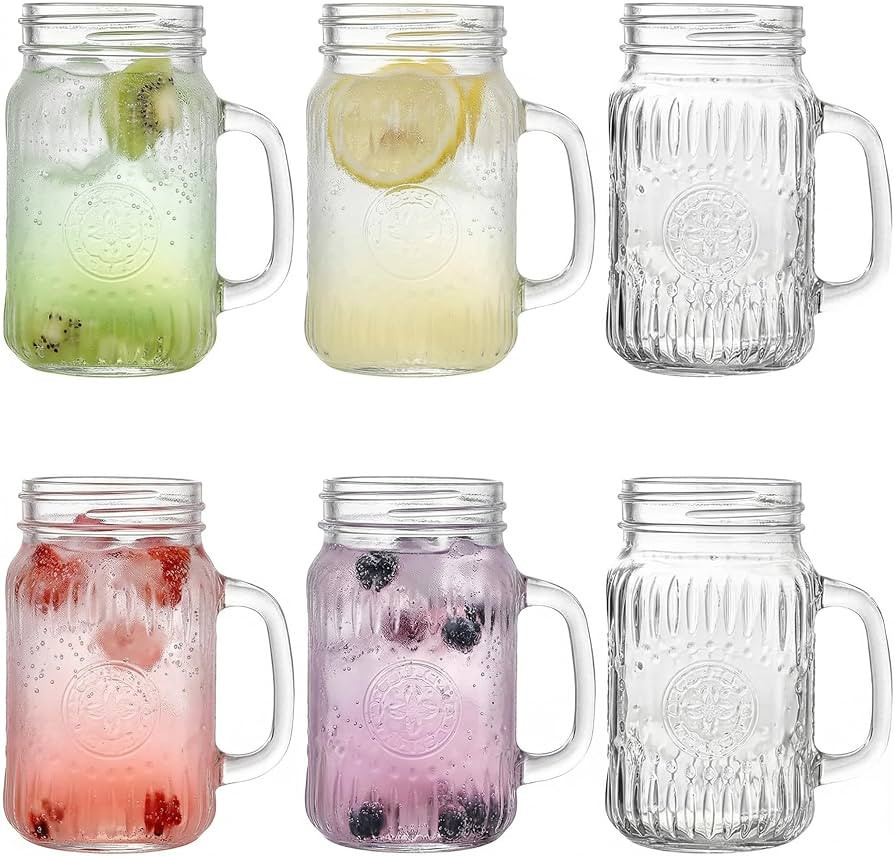 SUT Mason Jar Drinking Glasses with Handle, 6 Pack, 16 Oz Vintage Embossed Mason Jar Cups for Ice... | Amazon (US)