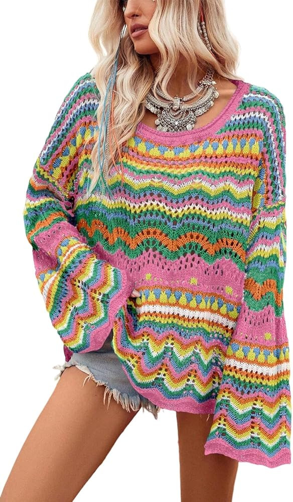 Ecosunny Sweaters for Women 2024 Long Sleeve Round Neck Colorblock Striped Hollowed Knit Sweater ... | Amazon (US)