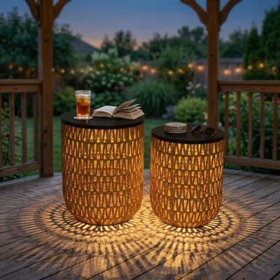 Outdoor Side End Table Set For Patio With Dimmable Light And Remote Control, 2-Pack Small Round Patio Tables With Timing Light, Outdoor Boho Accent Bi | Wayfair North America