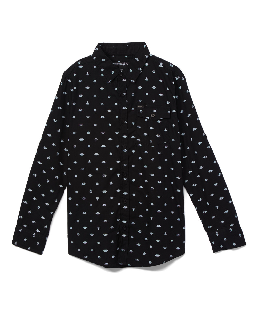 Beverly Hills Polo Club Boys' Button Down Shirts MIDNIGHT - Midnight & White Robots Long-Sleeve Butt | Zulily