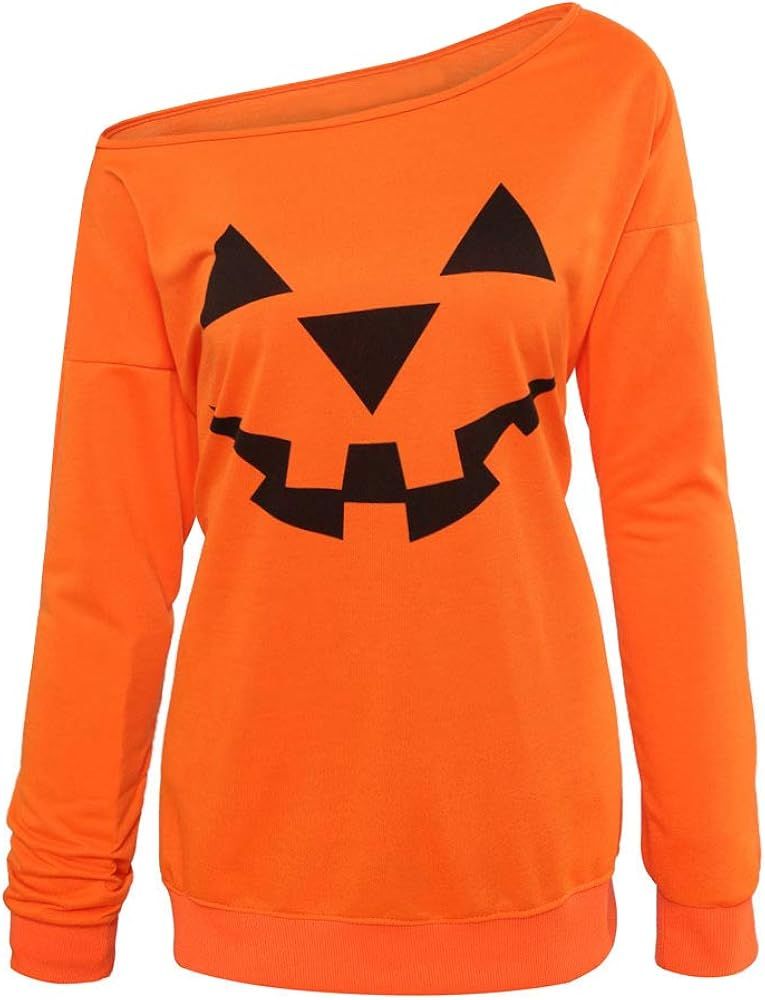 Niyage Women's Halloween Sweatshirts Off Shoulder Pumpkin Face Shirt Easy Costume Fun Tops | Amazon (US)
