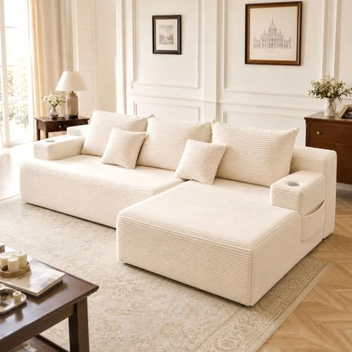 96.8" Boneless Couch Cloud Modular Sectional Sofa with L Shaped Chaise, Modern Upholstered Deep Seat Boneless Couches Lounge with 5 Pillows for Living Room Bedroom(Beige, Stripe, Right Facing Chaise) | Amazon (US)