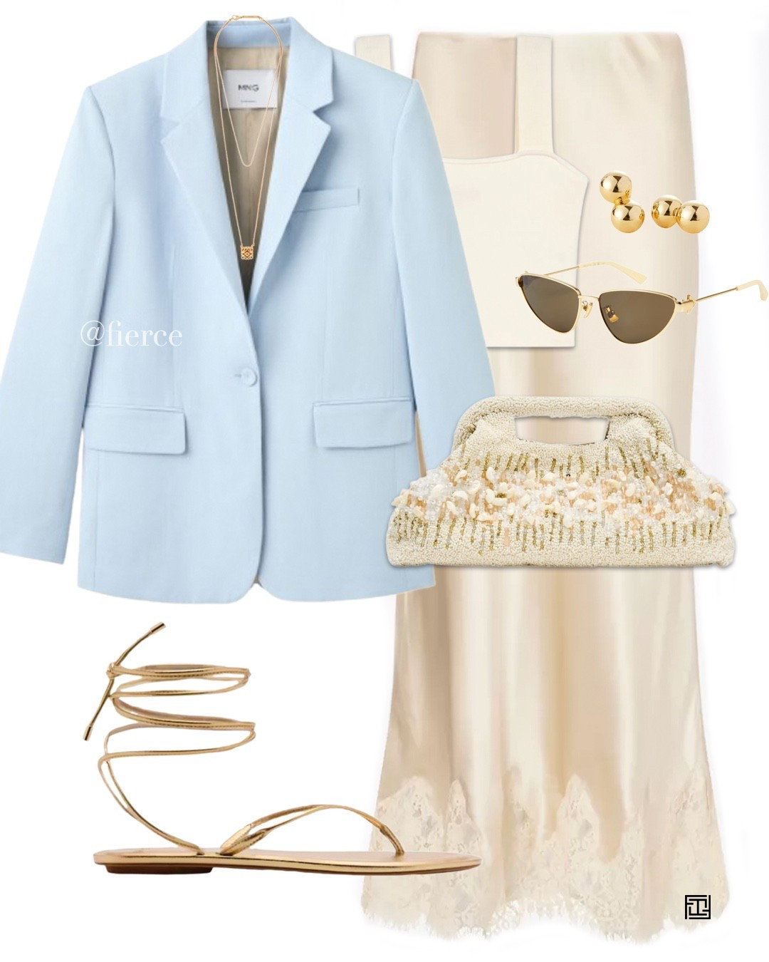 Blue blazer lace trim satin skirt embellished clutch bag gold tie up sandals chic outfit wedding guest look date night lunch date 

#LTKuk #LTKsummer #LTKspring