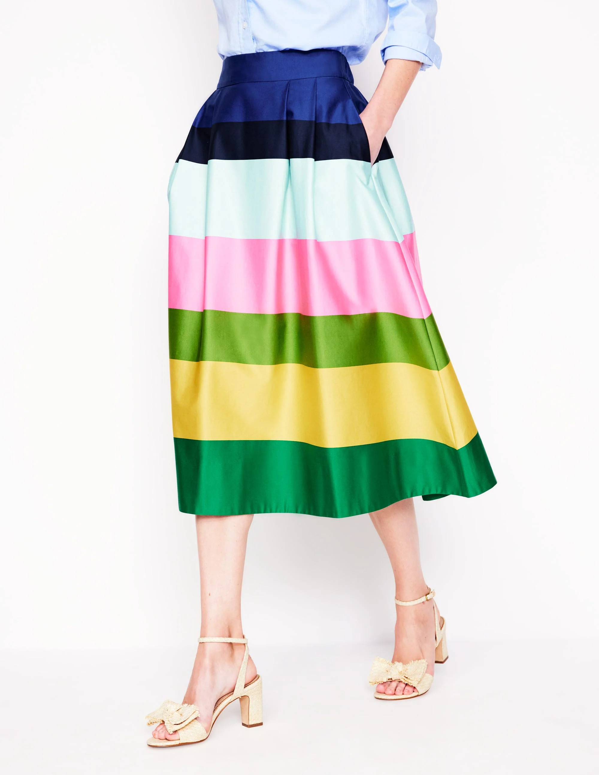 Isabella Cotton Sateen Skirt-Green and Pink Wide Stripe | Boden UK