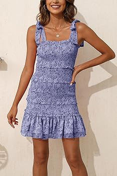 Fazortev Womens Summer Ruffle Smocked Mini Dress Sleeveless Floral Print Tiered Tie Slim Fit Shor... | Amazon (US)
