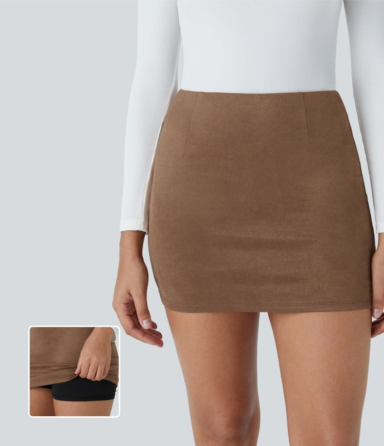 Women’s High Waisted 2-in-1 Bodycon Suede Mini Casual Skirt - Halara | HALARA