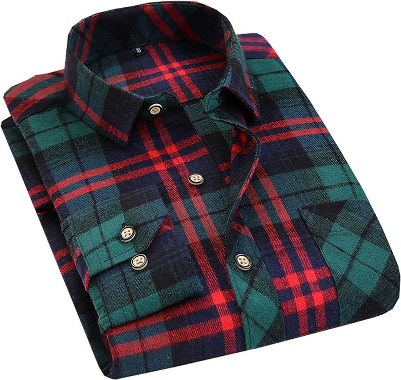 Flygo Men's Casual Collared Long Sleeve Plaid Button Down Shirt | Amazon (US)