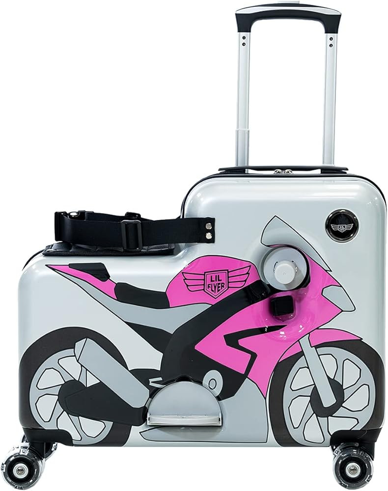 Younglingz Lil Flyer 20" kid ride on suitcase child stroller spinner luggage (Pink Motorcycle) | Amazon (US)