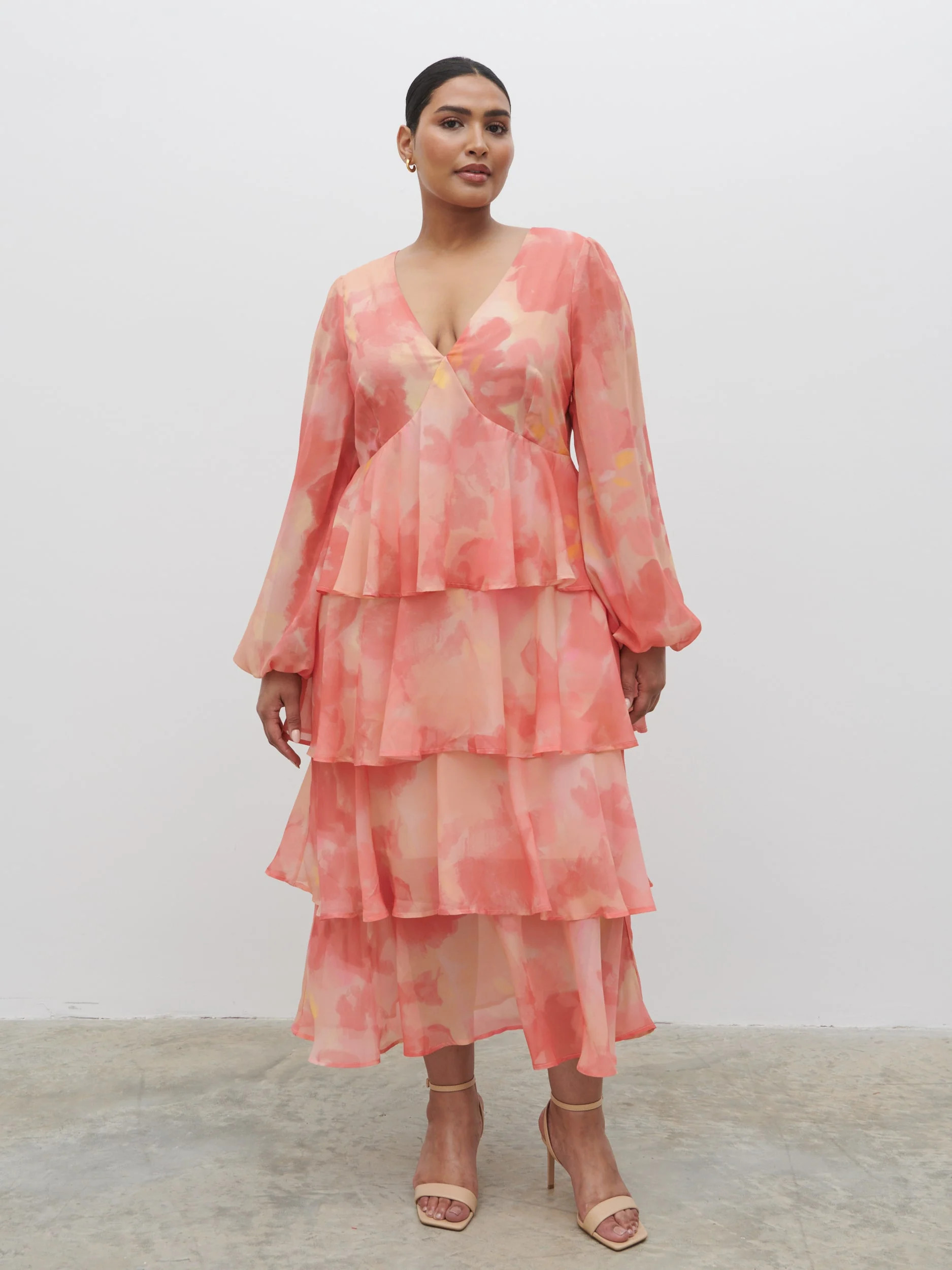 Ashton Ruffle Midi Dress Curve - Dusky Rose Watercolour | Pretty Lavish (UK)