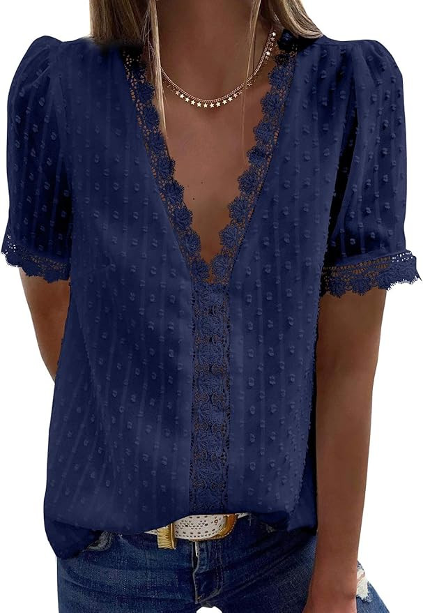 Amkoyam Womens Tops Summer V Neck Lace Tunic Tops Casual Loose Short Sleeve Polka Dot Shirt Blous... | Amazon (US)