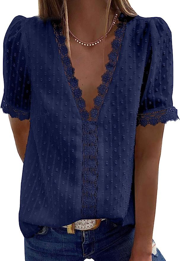 Amkoyam Womens Tops Summer V Neck Lace Tunic Tops Casual Loose Short Sleeve Polka Dot Shirt Blous... | Amazon (US)