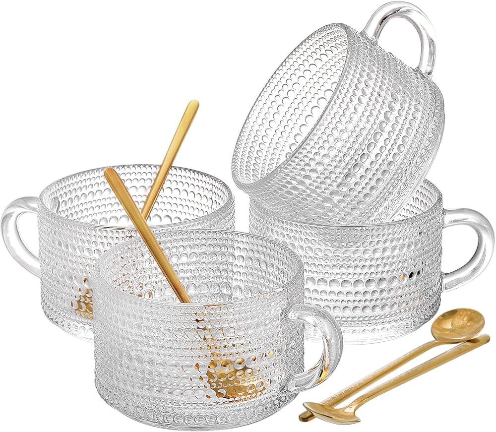 ZOOFOX Set of 4 Glass Coffee Mugs, 14 Oz Clear Glass Cups with Golden Spoons, Vintage Embossed Co... | Amazon (US)