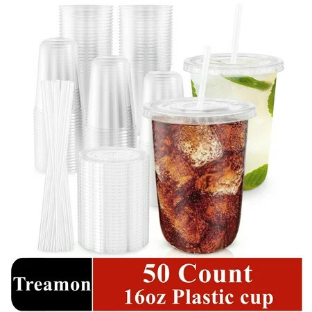 Treamon Clear Plastic Cups with Lids and Straws, Disposable Iced Coffee Cups for To-Go Cold Drinks, 16 oz 50 Sets | Walmart (US)