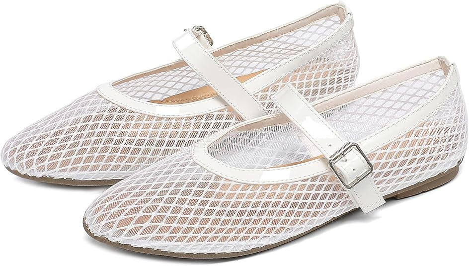 Women's Mesh Ballet Flats Round Toe Fishnet Ballerina Flats Buckle Strap Mary Jane Ballet Flats f... | Amazon (US)
