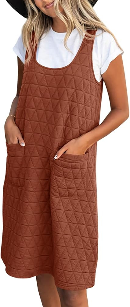 Fisoew Women's Quilted Pinafore Overall Dress Casual Argyle Scoop Neck Loose Fit Mini Jumper Dres... | Amazon (US)