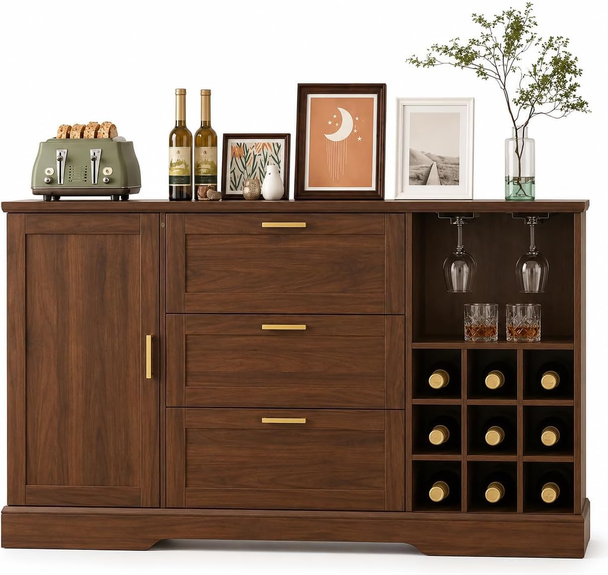 Garvee 63" Mid Century Sideboard Buffet Cabinet with Wine Rack, Walnut Wood | Amazon (US)