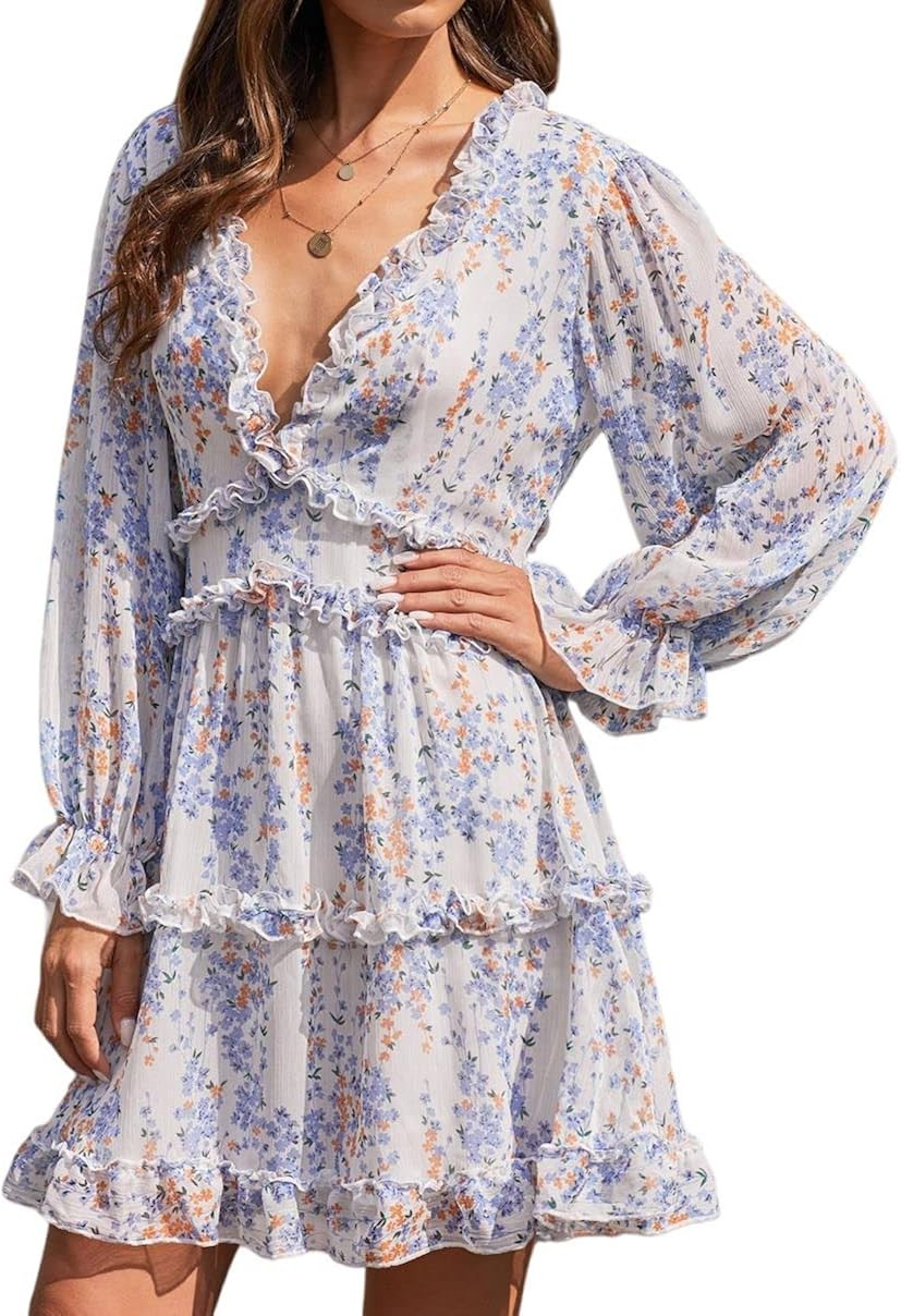 Bengbobar Women's Deep V Neck Backless Ruffles Long Sleeve Midi Dress | Amazon (US)