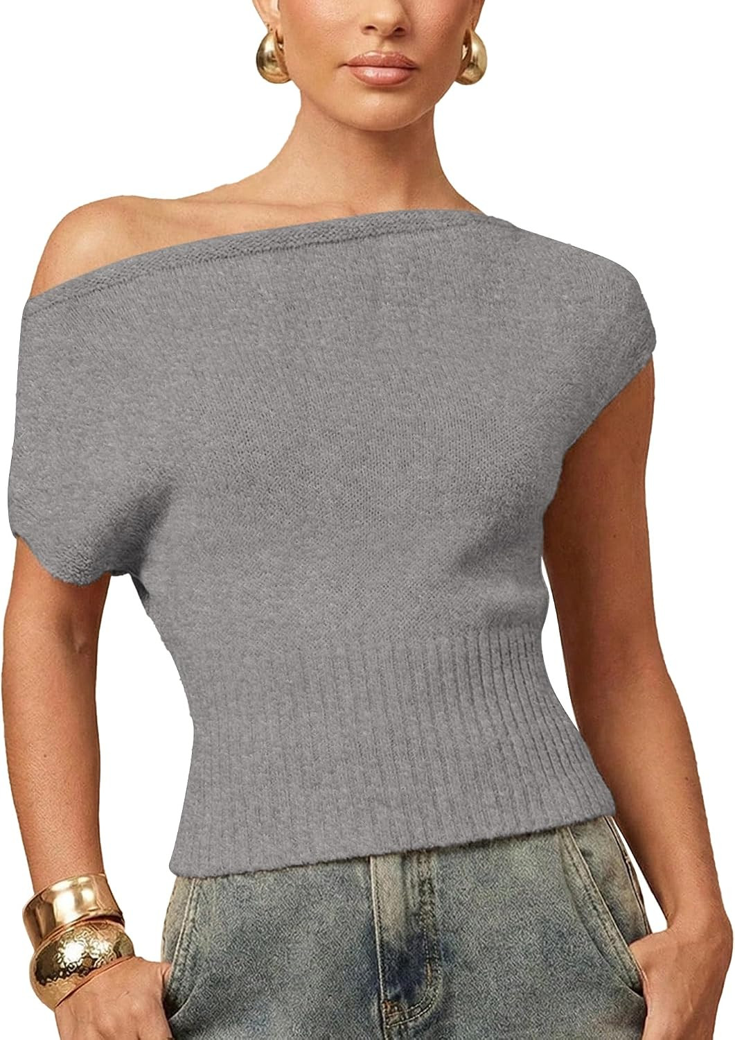 Hixiaohe Off The Shoulder Tops for Women Casual Ribbed Knitted Cap Sleeve Slim Fit Shirts Sexy Asymmetrical Pullover Blouses | Amazon (US)