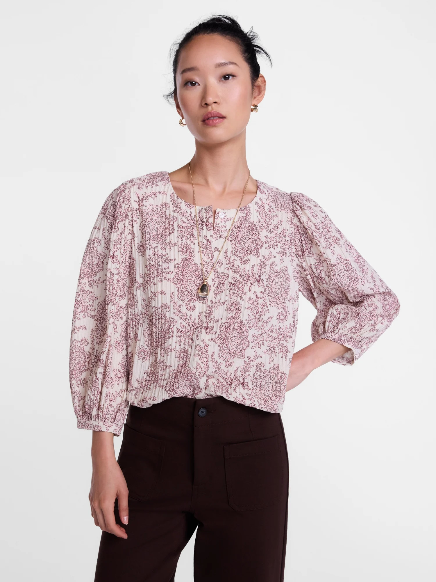 Scenario Women's and Women's Plus Blouse with 3/4-Length Puff Sleeves, Sizes XS-4X | Walmart (US)